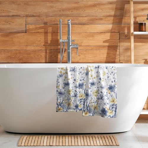 Blue Floral Hand Towels 14x28 Inch Grey Yellow Watercolor Flower Absorbent Microfiber Soft Dish Washing Cloth Face Tea Towel for Home Hotel Gym Laundry Room Kitchen Bathroom Decor