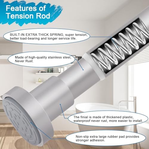 YNL Silver Shower Curtain Rod 32-94 Inch(2.7-7.8ft), Non-Slip, Never Rust, Stainless Steel No Drill Spring Tension Shower Rod, Adjustable Long Curtain Rod for Bathroom Window Patio