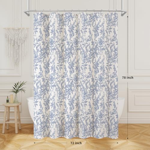 Blue Boho Linen Fabric Shower Curtain , Farmhouse Floral For Bathroom