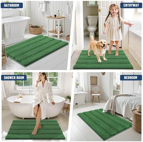 Grandaily Chenille Striped Bathroom Rugs 24x16, Extra Thick and Soft Absorbent Bath Mats, Rubber Backing, Plush Shaggy Shower Carpet, Machine Wash Dry, Bath Rug for Bathroom, Olive Green