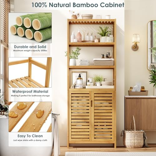 HIFIT 6-Tier Bamboo Book Shelves with 2 Door, Tall Bathroom Storage Cabinet