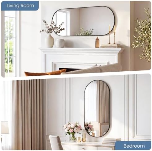 Sweetcrispy 24" x 48" Black Bathroom Mirror for Wall, Oval Walls Mirror