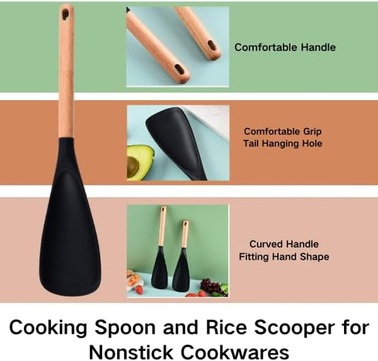 Cedar and Ash Spoon, Multifunction Spatula Cooking Spoon with Wooden Handle,3 in 1 Spatula Spoons Heat-Resistant Silicone, for Makes Stirring, Scooping