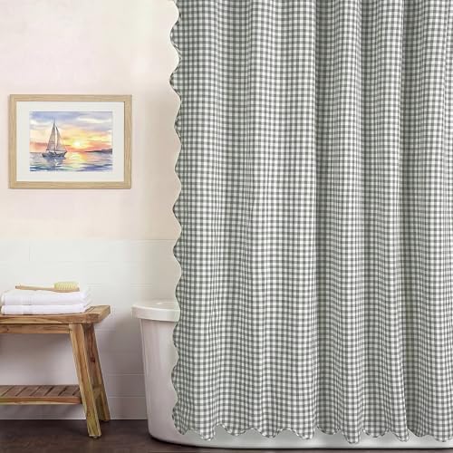 HunnmingRe Scalloped Gingham Shower Curtain Sage Green