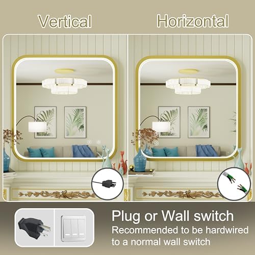 30"x30" Gold LED Bathroom Mirror with Lights,3000K/4500K/6000K