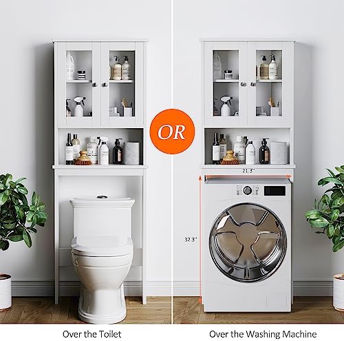 Over The Toilet Storage Cabinet for Bathroom, Storage Organizer Over Toilet, Space Saver with Tempered Glass Doors, White