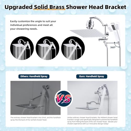 Hibbent All Metal 12'' Filtered Rainfall Shower Head with Handheld Combo, High Pressure Shower Wand, 16'' Adjustable Arc Extension Arm, 20 Stage Shower Filter, 71'' Hose, Shower Head Holder, Chrome