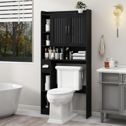 Vabches Farmhouse Over The Toilet Storage Cabinet with Barn Door, Black