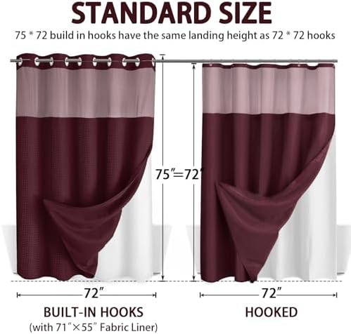 No Hook Shower Curtain with Liner Set Hotel Waffle Burgundy 72W X 75L