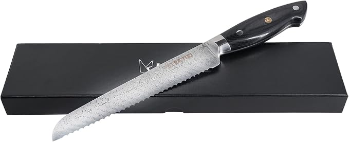 Ketuo Professional Chef Knife Damascus Carbon Steel with Laser Pattern Blade and Black Pakka Wood (8 Inch Bread Knife)