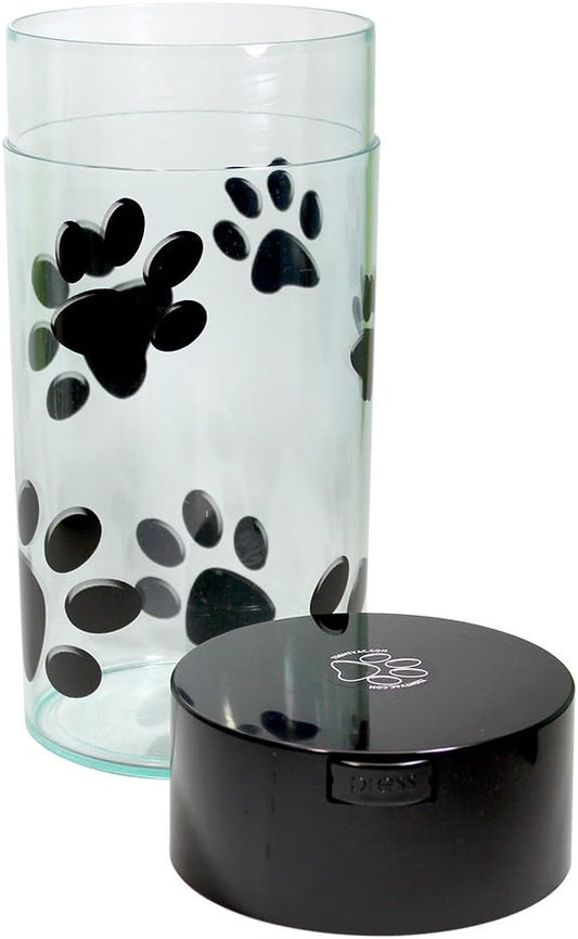 Pawvac 5 to 24 Ounce Vacuum Sealed Pet Food Storage Container; Black Cap & Clear Body/Black Paws