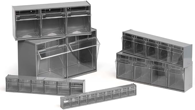 Storage Cabinet with 4 Tilt Out Bins, Horizontal Organizer System for Home, Office, Garage, 23.6" W x 6.9" D x 8.1" H, Gray