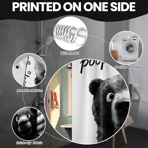 Extra Tall Shower Curtain XL Funny Black Bear Kids, 70 x 96 Inchs