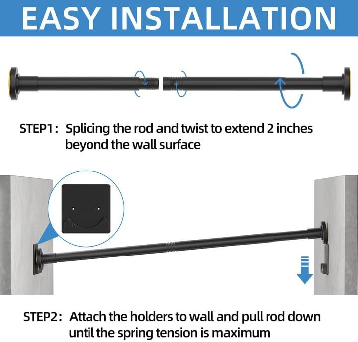 CorkLatta Matte Black Shower Curtain Rod,1 Inch Diameter Stainless Steel Adjustable Spring Tension Rods 32 to 80",with Holders,Anti-Slip,Curtain Rods No Drilling(1 Pack)