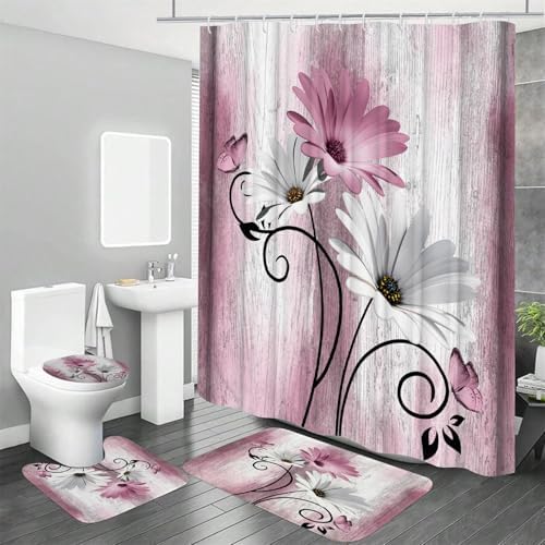 Onalasyc 4PCS Pink Daisy Floral Bathroom Sets with Shower Curtain and Rugs