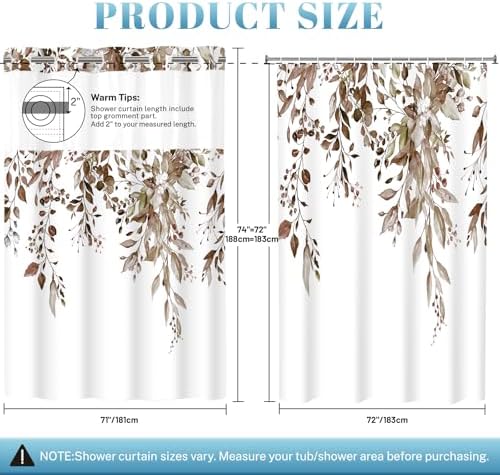 WITHLOC No Hook Floral Shower Curtain with Liner, Eucalyptus Taupe, 71x74