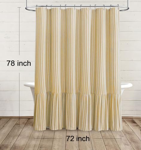 Farmhouse Shower Curtain Ruffle Linen Cream-Yellow Stripe 72"W x 78"L