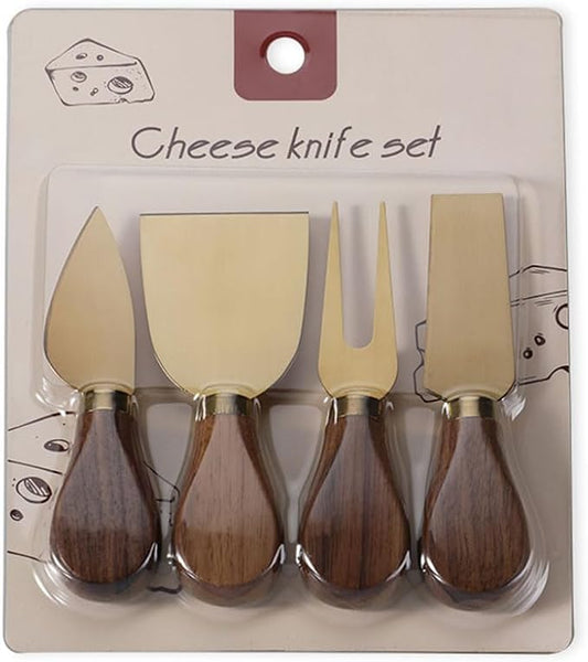 Linwnil 4-Piece Set of Stainless Steel Cheese Knives with Wood Hand, Including Cheese Slicer and Cheese Cutters, Essential Cheese Tools for the Kitchen (Walnut handle, Gold)