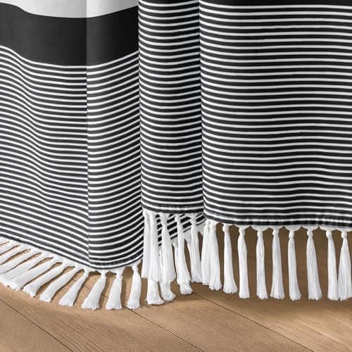 Black and White Boho Cotton Striped Shower Curtain with Tassel 72"W X 72"L