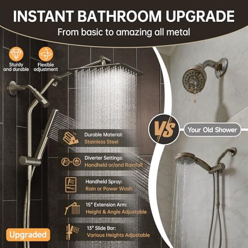 Veken All Metal 10" Luxurious Brushed Nickel Rain Shower Head with Handheld