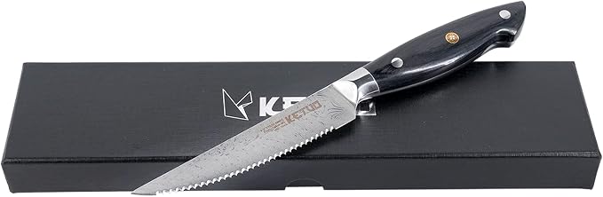 Ketuo Professional Chef Knife Damascus Carbon Steel with Laser Pattern Blade and Black Pakka Wood (4.5 Inch Steak Knife)