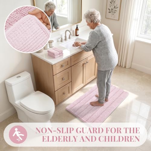 Bcoimo Bath Rug Mat,30x20 Chenille Non Slip Pink Bathroom Floor Shower Mats