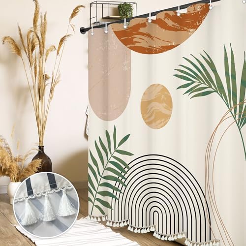 Boho Mid Century Leaf Shower Curtain Set,Arch Sun Design,Minimalistic Leaves Pattern,Waterproof and Luxurious Fabric-12 Hooks(Beige-72" x 78")