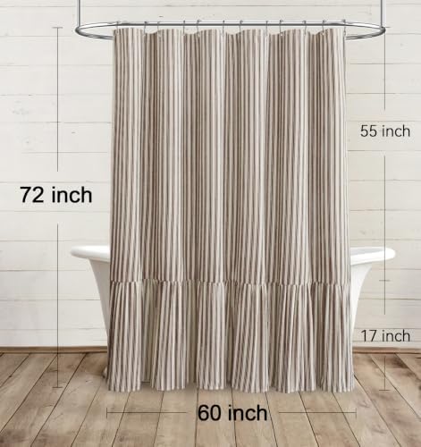 Farmhouse Shower Curtain Ruffle Linen Cream-Brown Stripe 60"W x 72"L