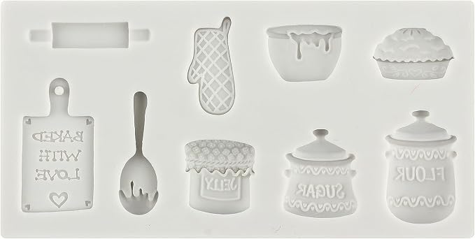 Miniature Home Baking Silicone Molds Rolling Pin Oven Glove Cake Bowl Wooden Spoon Chocolate Fondant Mold for Cake Decoration Cupcake Topper Candy Sugar Craft Polymer Clay Gum Paste