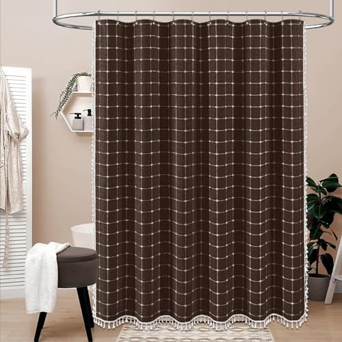 BTTN Long Boho Farmhouse Linen Heavy Duty Shower Curtain, 72x84, Brown