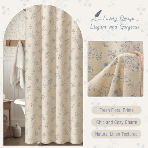 Blue Floral Farmhouse Vintage Linen Shower Curtain French Country 72Wx72H