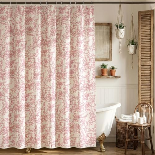 Farmhouse Pink Floral Shower Curtain with 12 Clear Rings 72"W x 72"L