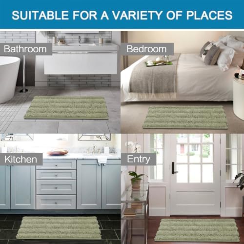 H.VERSAILTEX Bathroom Rug Sets 2 Piece Bath Mats Non Slip Thick Soft Chenille Striped Bath Rug achine Washable Shower Floor Rugs for Tub, Shower and Floor (Eucalyptus Green, 20" x 32"/24" x 36")