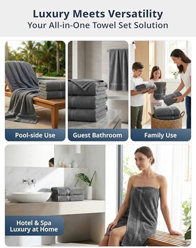LANE LINEN Bath Sheet Set 4 Pack Oversized Soft Absorbent Quick Dry - Grey