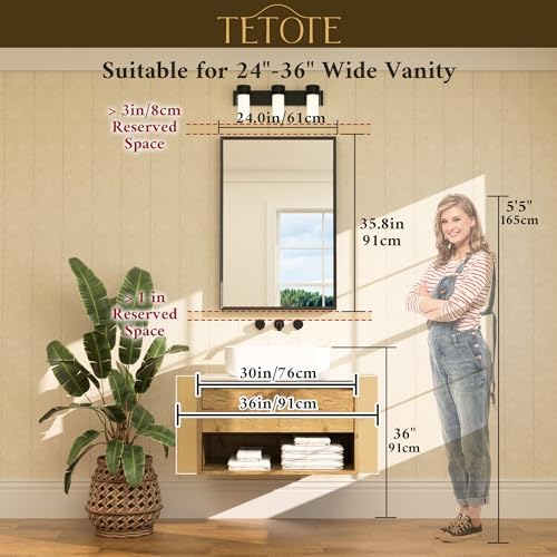 TETOTE Brushed Gold Mirror for Bathroom Sink 24" x 36" Beveled Frame Brushed Brass Gold Vanity Rectangle Mirror for Bathroom Wall, Modern Farmhouse, Tempered Glass, Stronger Frame