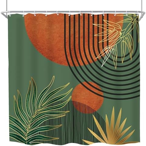 Mid Century Green Orange Boho Abstract Modern Bathroom Shower Curtain Set