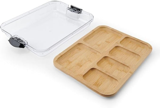 Farberware Build-A-Board Bamboo Cutting Board with Built-In Compartments & Clear Locking Lid, Black Handles, Charcuterie, Snack Tray, Food Prep and Serving Platter