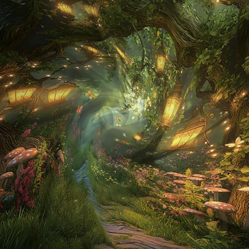 Fantasy Forest Shower Curtain Fairy Magical Enchanted Misty Jungle Mushroom Floral Tree Butterfly Lantern Wonderland Bath Curtain Fabric Bathroom Accessories Decor with Hooks 47W x63L