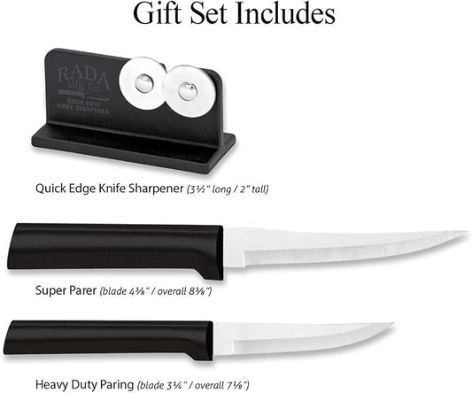 Rada Cutlery Paring Plus Sharpener Set (G236), 3-Piece Knife Set with Quick Edge Knife Sharpener, Stainless Steel Blades, Black Handle