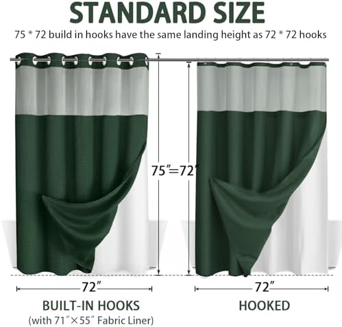 No Hook Shower Curtain with Liner Set Hotel Waffle Dark Green 72W X 75L