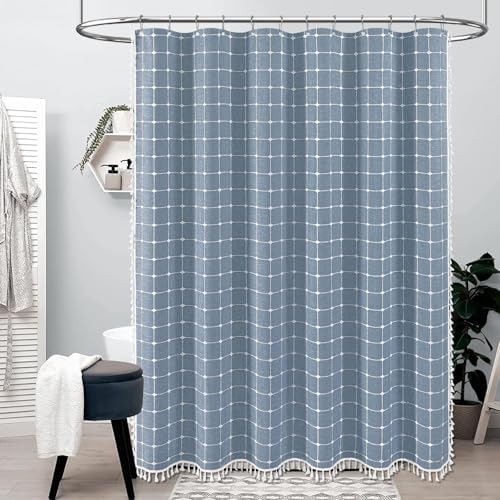 BTTN 108x72 Boho Farmhouse Linen Heavy Duty Fabric Shower Curtain Set, Blue