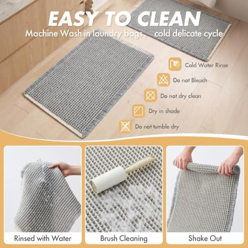 MIULEE Set of 2 Waffle Bathroom Rugs LightGrey&Cream 17"x24"+17"x48"