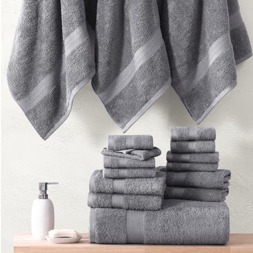 LANE LINEN Towel Set Soft Absorbent Quick Dry 100% Cotton 24 Piece - Grey
