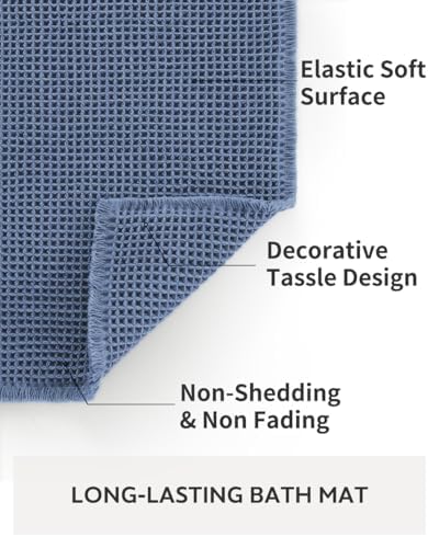 tchdio Waffle Bath Runner Rug, Super Absorbent Non Slip Bath Mats for Bathroom Machine Washable Long Rugs with Tassels, Bath Rugs for Bathroom Floor Beside Tub, 2' x 5'(24" x 60"), Blue