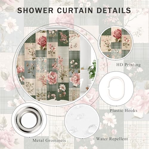 Boho Floral Shower Curtain Vintage Patchwork Rose Flower and Leaf Plant Design Polyester Fabric Farmhouse Cottage Decor Bathroom Curtains, 72W X 78L inches