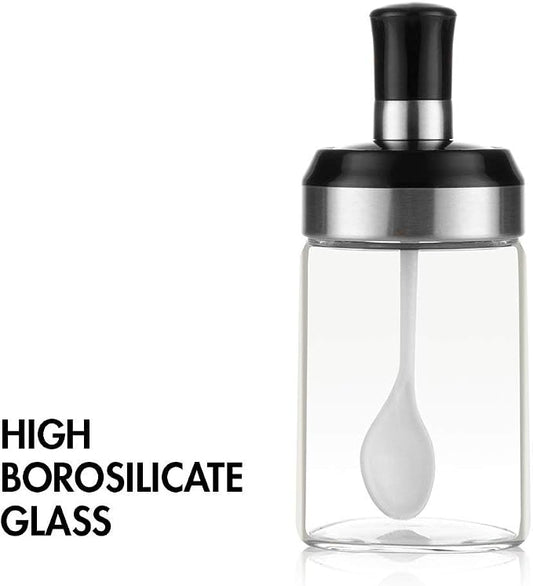 BOILING POINT Sauce Jar Sugar Container Glass Jar Combination Spoon with Lid Canisters Storing Seasoning Spices Salt Sugar for Kitchen Counter Food Storage with Decorative Sticker 9.7oz / 280ml