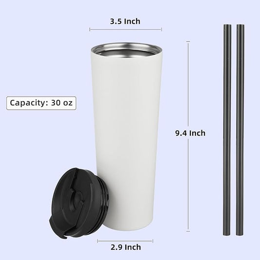 Konokyo 30 OZ Insulated Tumbler with Lid and 2 Straws Stainless Steel Water Bottle Vacuum Travel Mug Coffee Cup,Angel White