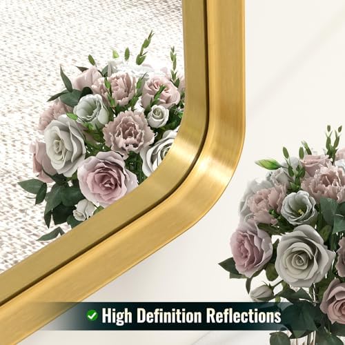 Easly 48 x 30 Inch Gold Bathroom Mirror, Rectangular Wall Mounted Shatterproof Mirror, Aluminum Alloy Frame with Rounded Corners, Horizontal or Vertical for Farmhouse Decor