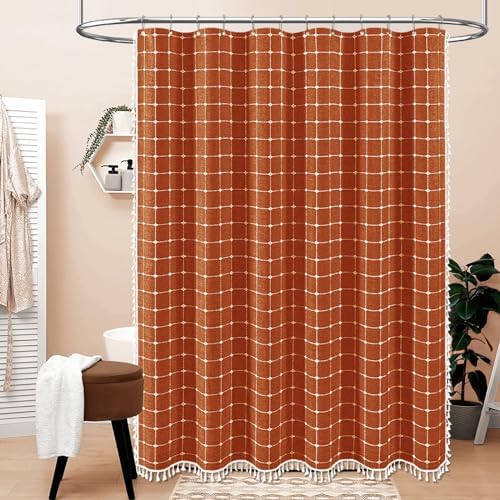 BTTN Long Boho Farmhouse Linen Fabric Shower Curtain, 72x84, Burnt Orange
