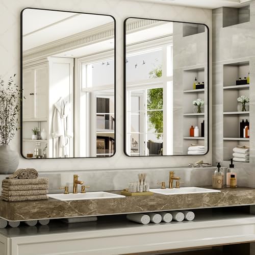 Easly 30 x 48 Inch Bathroom Mirror, Rounded Rectangular Vanity Mirror for Wall, Modern Mirror for Room Decor, Black Framed Wall-Mounted Mirrors for Home Decor, Hangs Horizontally or Vertically